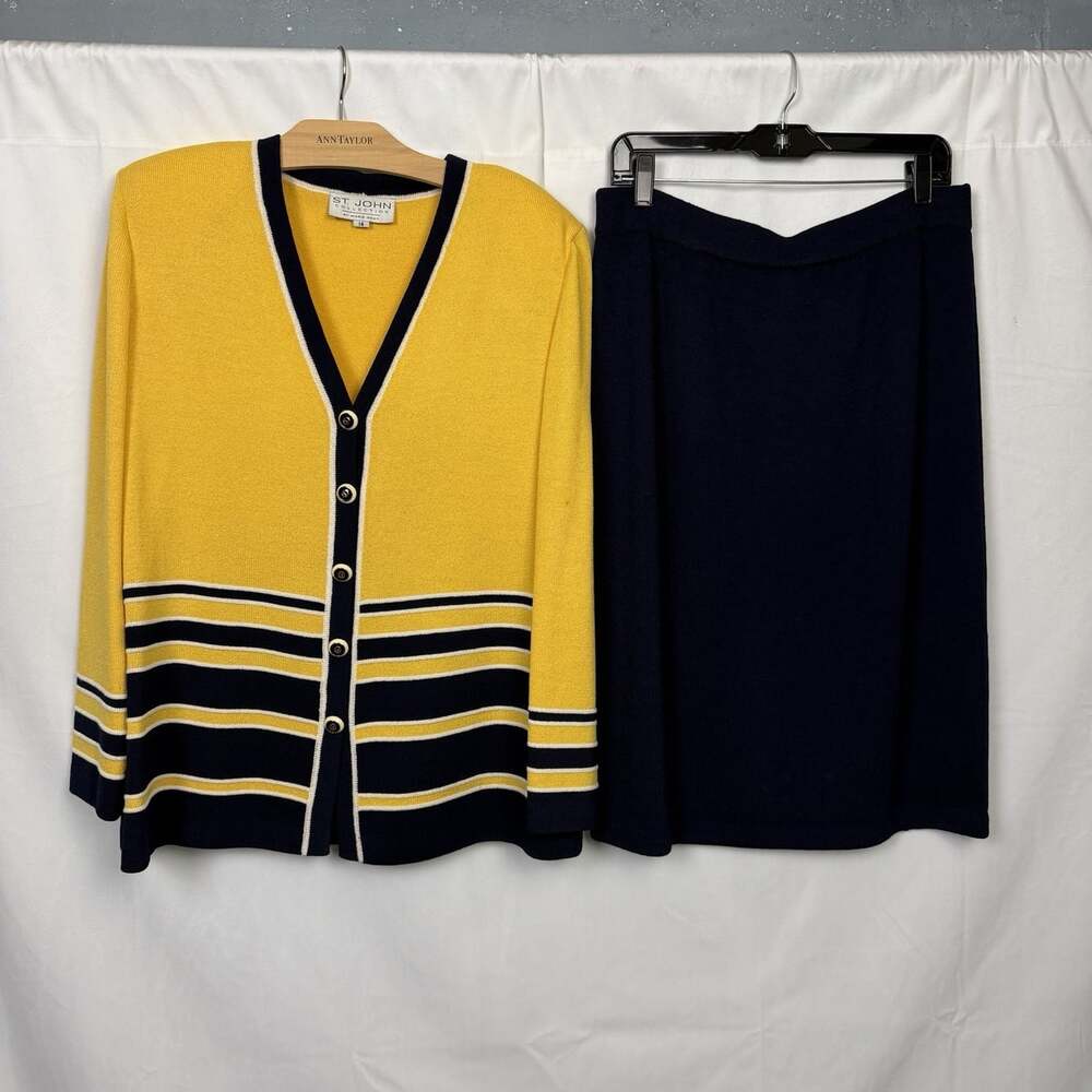 St John Collection Yellow Navy Striped Knit Cardigan Skirt Suit Set 14 - Picture 1 of 7
